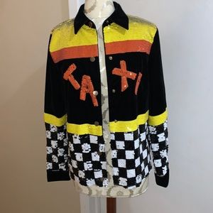 Banjul Sequin Velvet New York Cab Co. Black White Yellow Orange Snap Jacket L